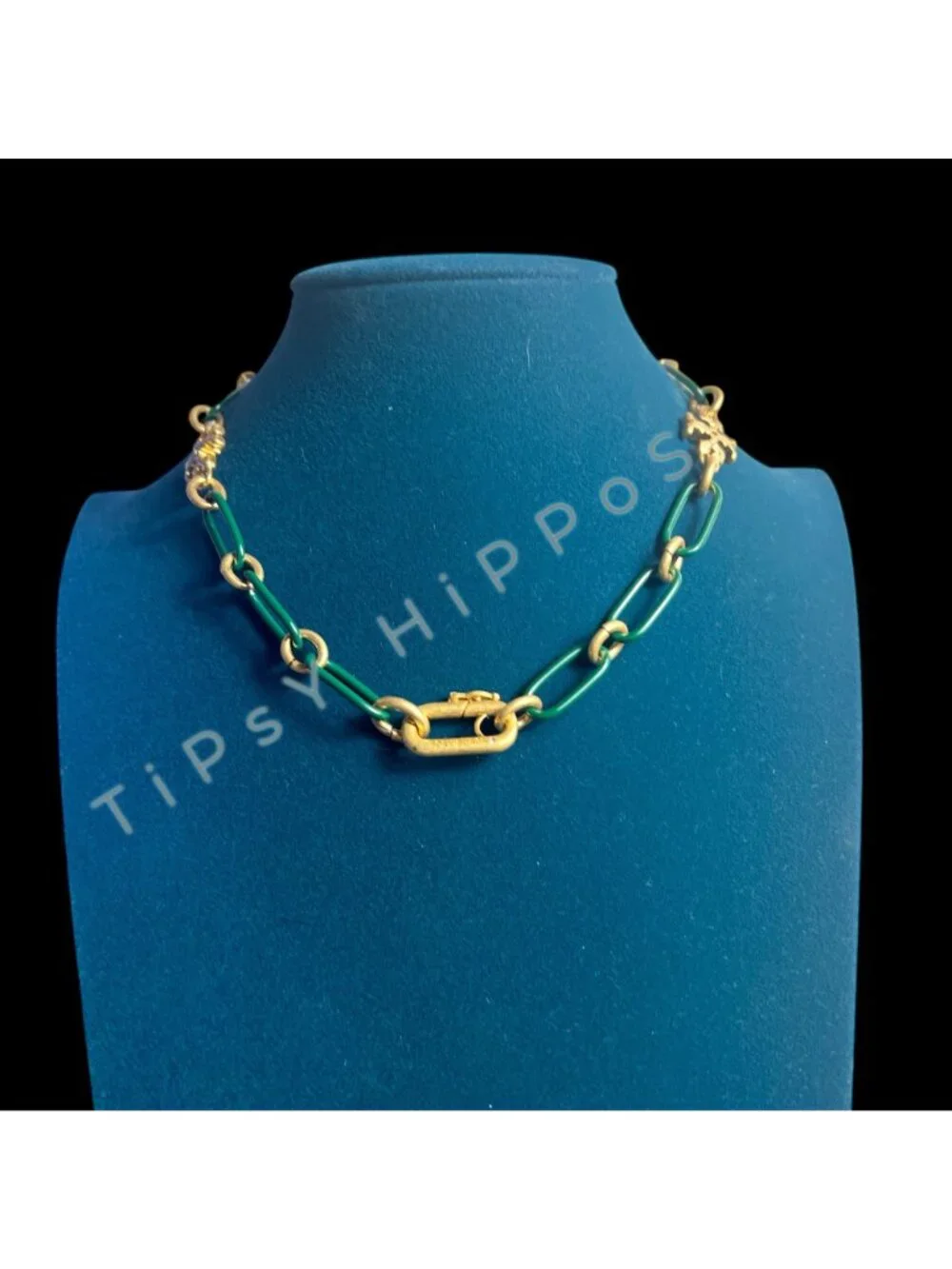 New!  Tory Burch Green Enamel and Gold Roxanne Chainlink Choaker Necklace